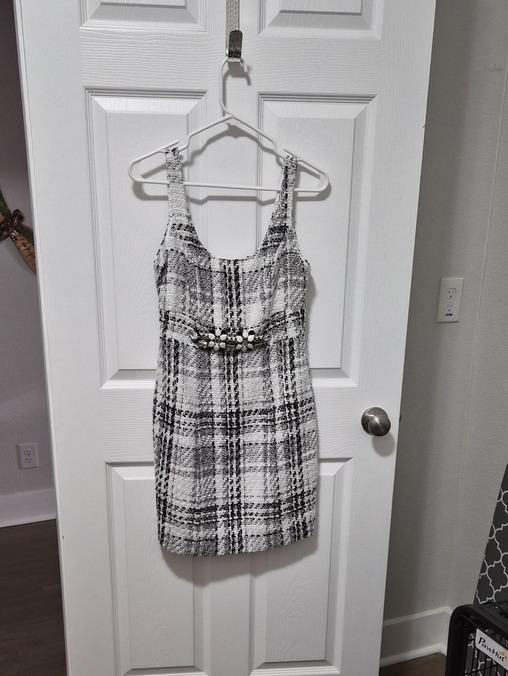 Boston Proper Black and White Plaid Tweed Mini Dress with Embellished Waist